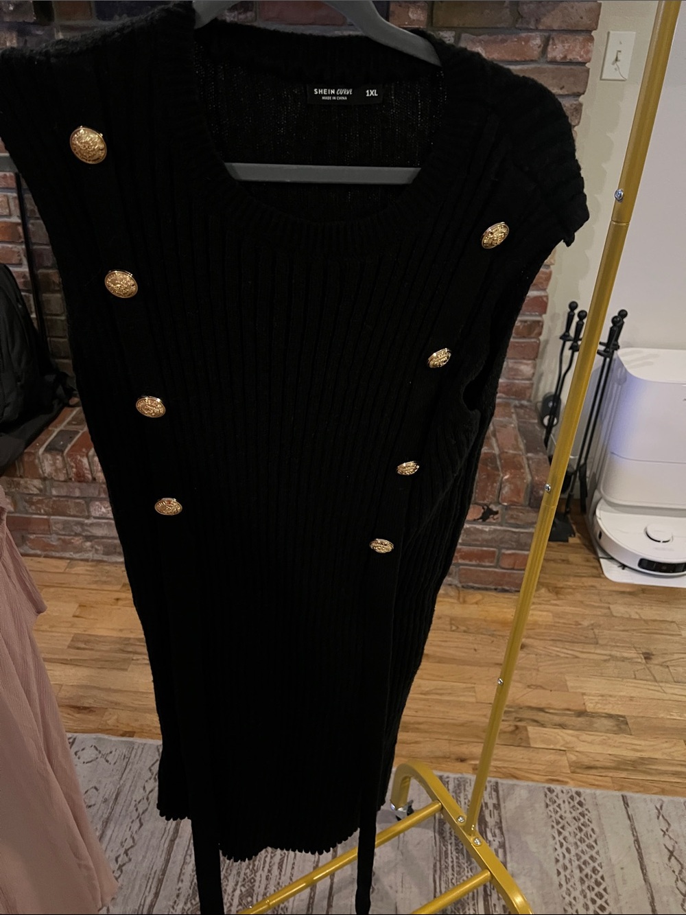 SHEIN Black Ribbed Sleeveless Dress with Gold Buttons